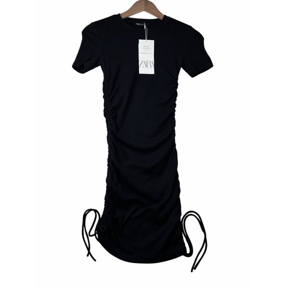 Zara Womens Ruched Mini Dress Black Size S Short-Sleeve Coquette Streetwear NWT - Picture 3 of 12